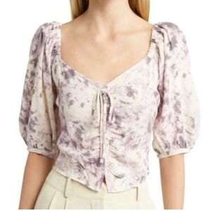 OPEN EDIT Women's Sz‎ M Tie Front Puff Sleeve Blouse in Ivory Grey Purple NWT